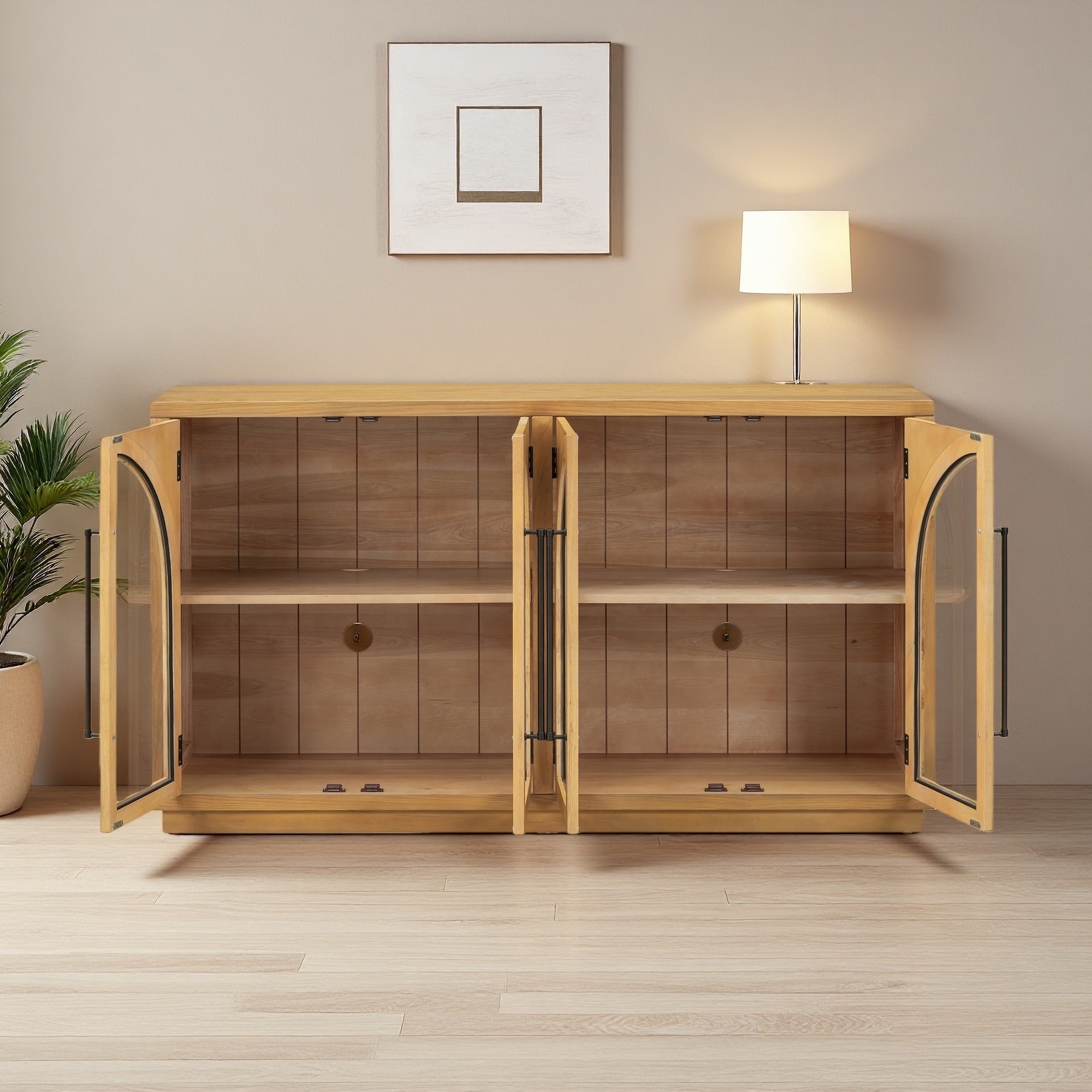 4-Door Retro Sideboard Buffet Cabinet with Arched Glass Doors, Adjustable Shelves, MDF & Rubber Wood Storage for Kitchen