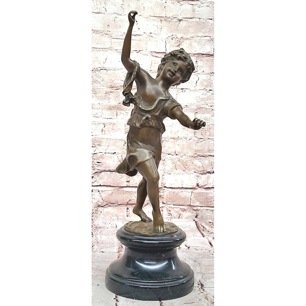 Bronze Dancing Girl Sculpture – Joyful Child Figurine On Marble Base