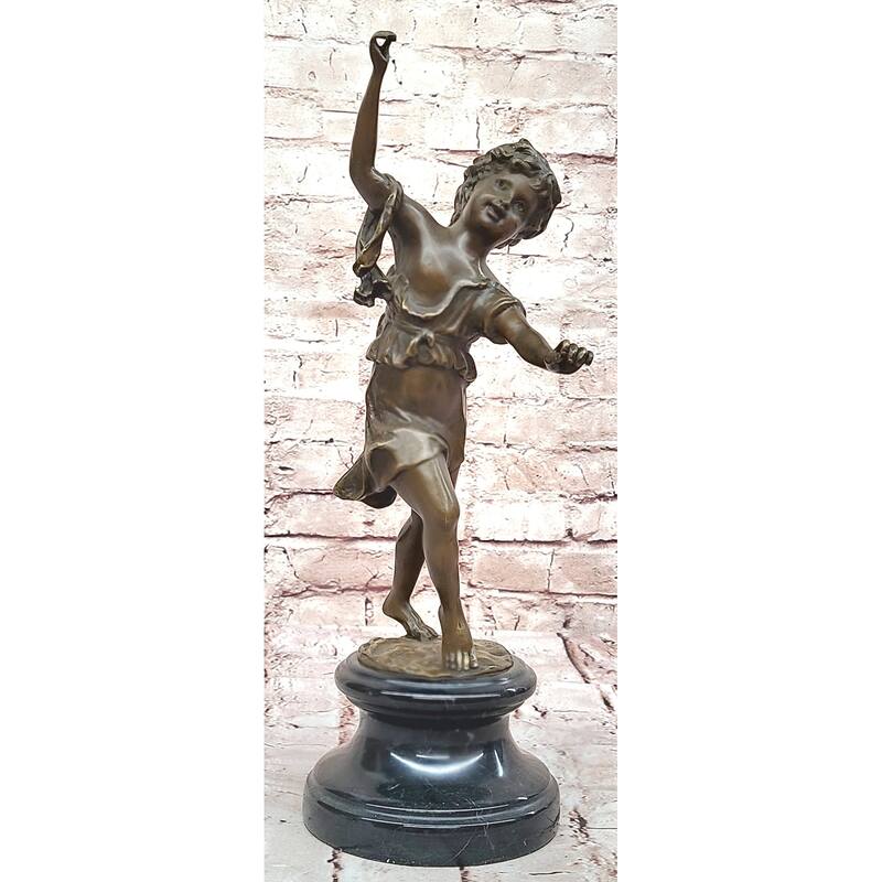 Bronze Dancing Girl Sculpture – Joyful Child Figurine On Marble Base