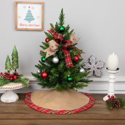 20" Rustic Burlap Mini Christmas Tree Skirt with Red Plaid Border - 20