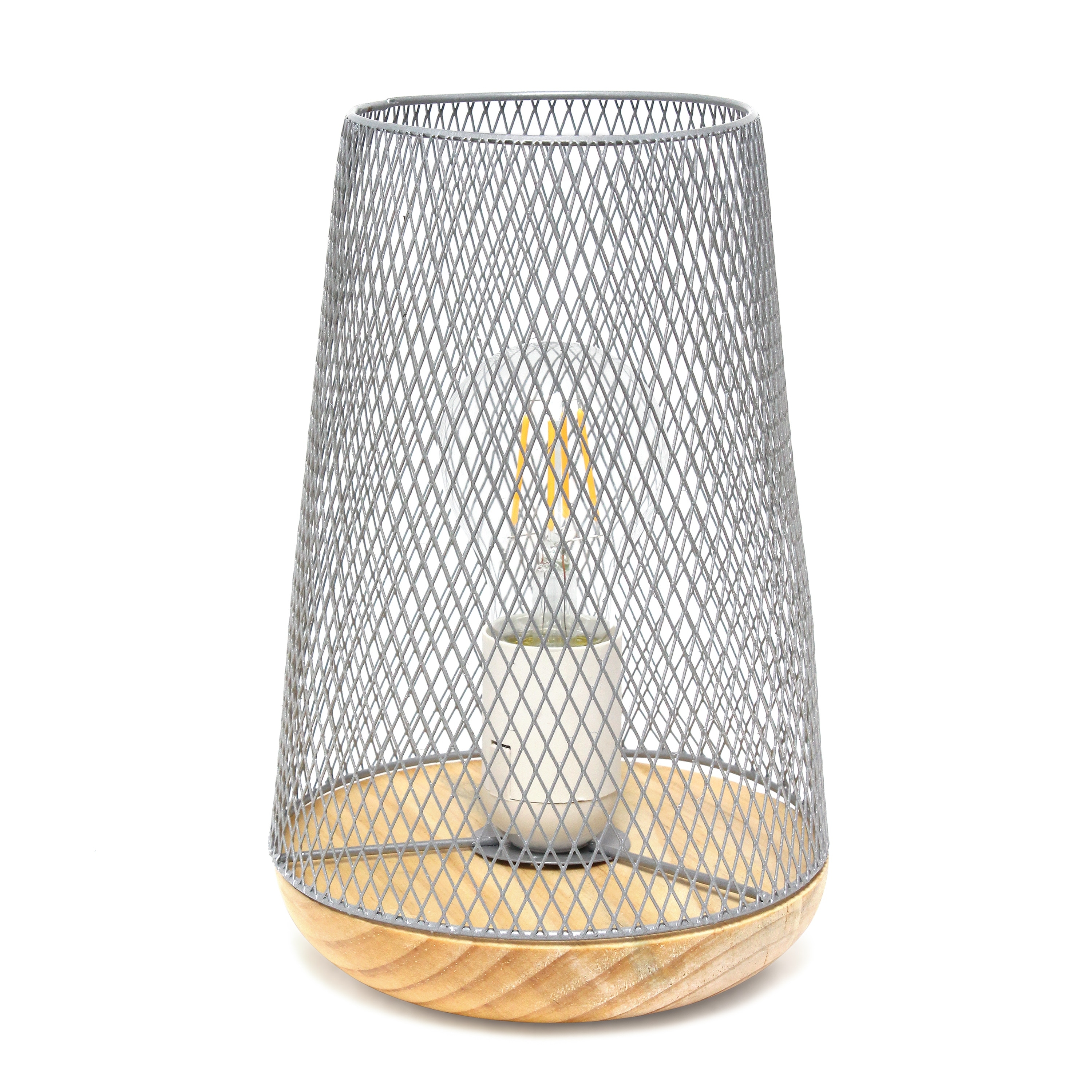 Metal Open Cage Mesh Table Lamp with Pine Wood Base - 6 x 6 x 9 in. (L x W x H)