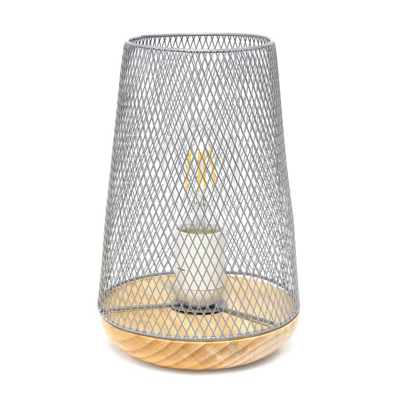 Metal Open Cage Mesh Table Lamp with Pine Wood Base - 6 x 6 x 9 in. (L x W x H) - Grey