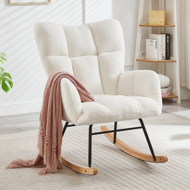 Ivory Reading Chair Rocking Chair with Wood Legs, Rustic Side Chair Office Chair Coffee Chair Accent Chair