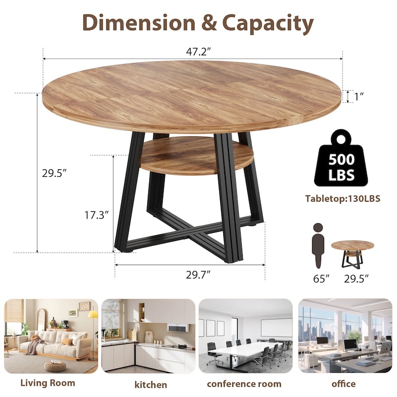 Round Dining Table for 4-6, 42" Farmhouse Kitchen Table
