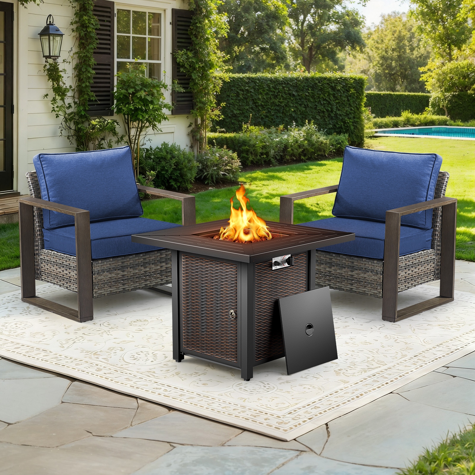 Meyreso 3-Piece Wicker Patio Conversation Set with Metal Fire Pit & Plush 4.5" Olefin Cushions