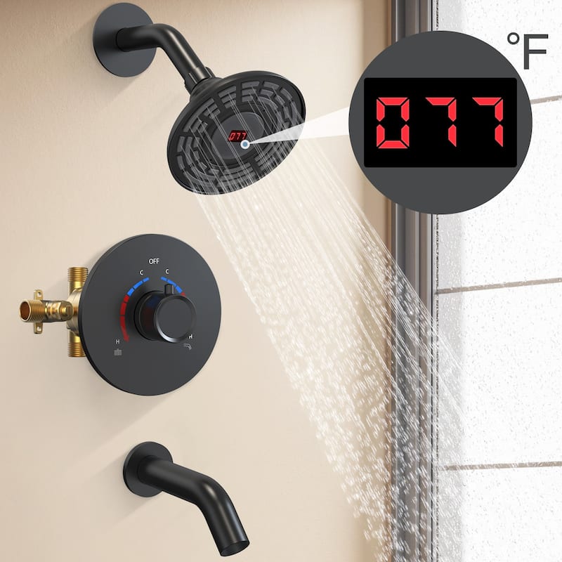 GRANDJOY 5 inch Wall Mount Shower Head with Tub Spout Shower Faucet Set Temperature Display Pressure Balanced Valve