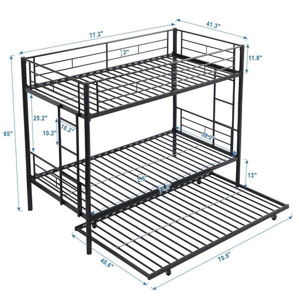 Black Twin over Twin Metal Bunk Bed with Trundle and Fence
