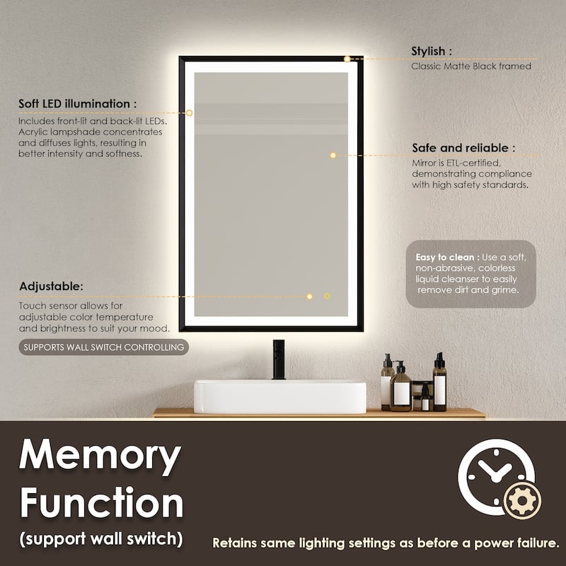 Apollo Rectangular Anti-Fog Dimmable Modern Bathroom/Vanity LED Lighted Wall Mirror in Matte Black Aluminum Framed