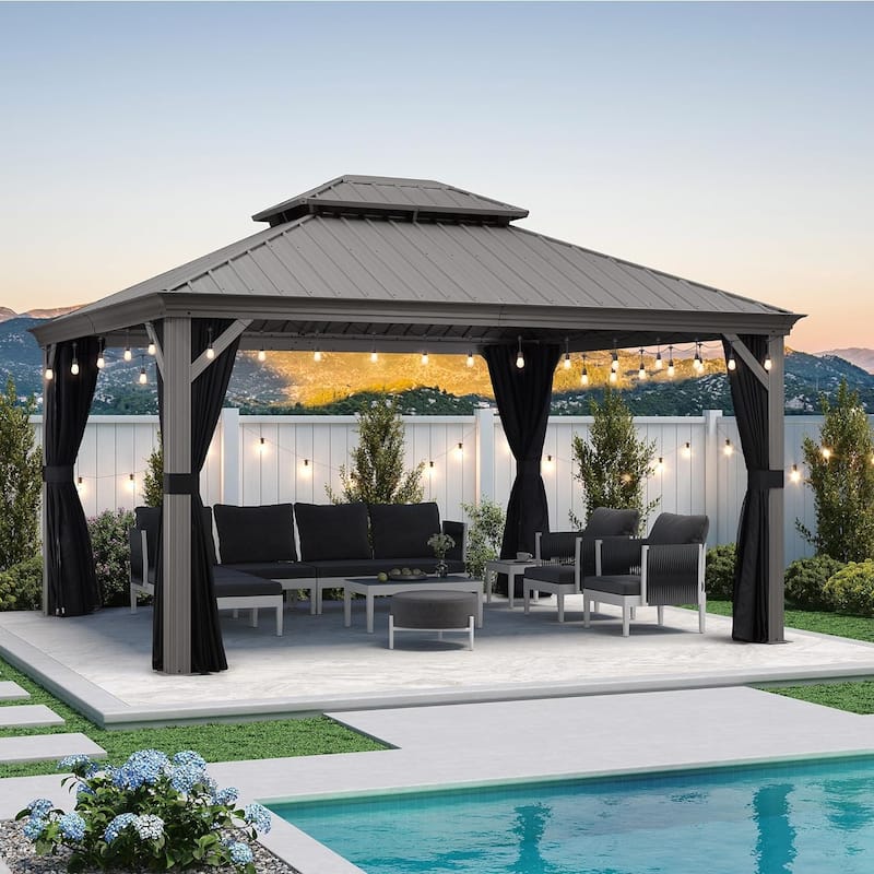 PURPLE LEAF Patio Gazebo for Backyard Hardtop Galvanized Steel Frame with Upgrade Curtain and Light - Light Grey - 12ft x 14ft