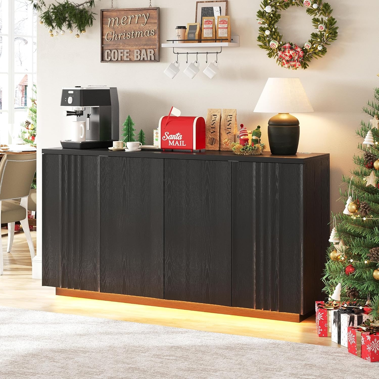 63'' Buffet Cabinet with 4 Doors, 2 Adjustable Shelves, LED Light Sideboard for Kitchen