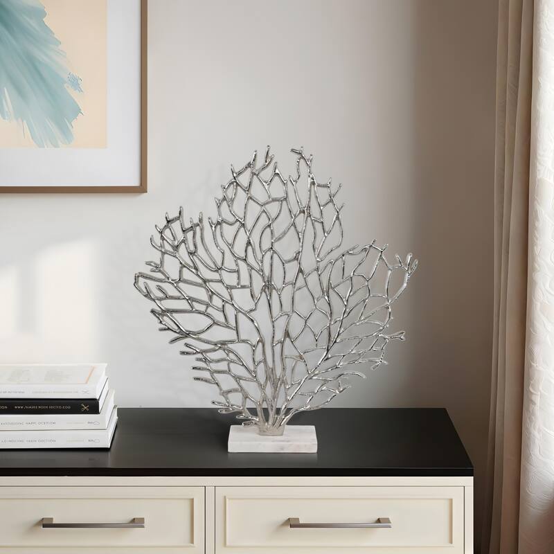 Metal Sculpture Coral-Inspired Design with Marble Base Modern Accent - Silver/ Metallic - 19.5" x 4" x 20.5"