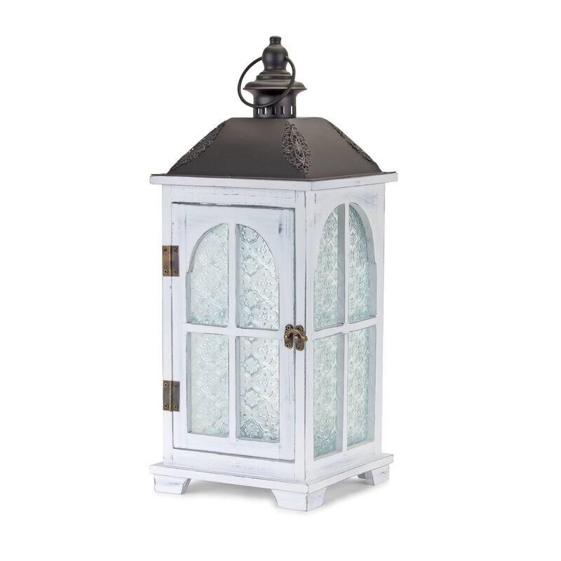 Set of Two White and Black Glass Wood and Metal Ornate Floor Lantern Candle Holders - One Size