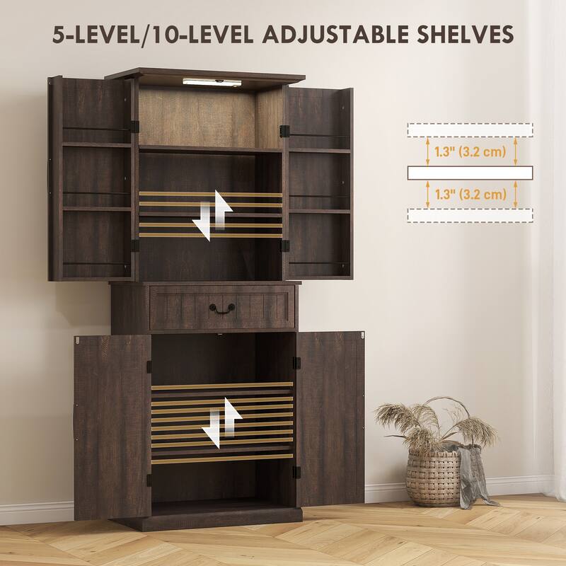 Farmhouse Style Kitchen Pantry Cabinet with Motion Sensor Light Adjustable Shelves and Spacious Storage