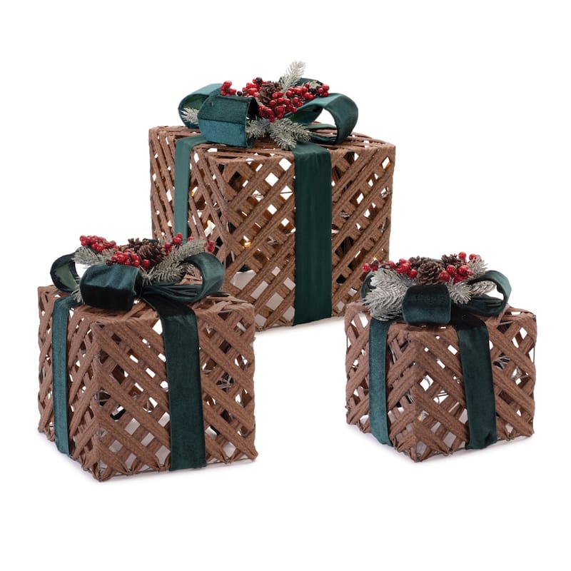 LED Lighted Woven Present with Bow Christmas Decorations - 13" - Set of 3