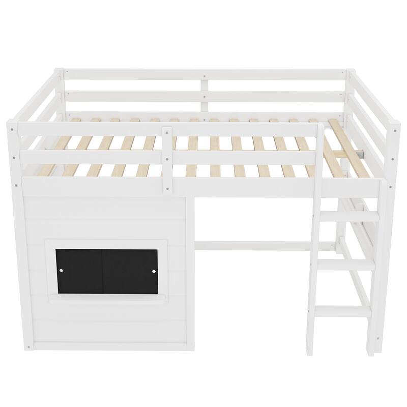 Full Size loft bed with a playful sliding chalkboard, built-in bookshelf, and high-quality safety rails