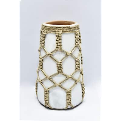 Small Mud Cylindrical Vase with Jute Rope - 8.5" - White