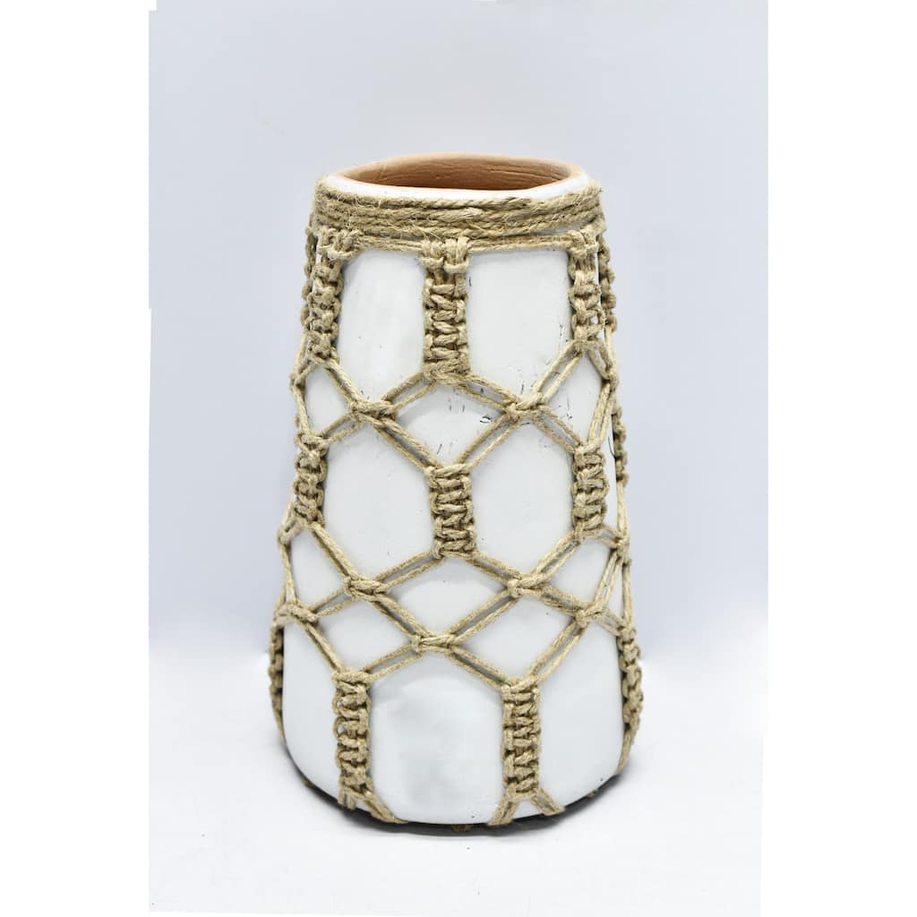 Small Mud Cylindrical Vase with Jute Rope - 8.5" - White