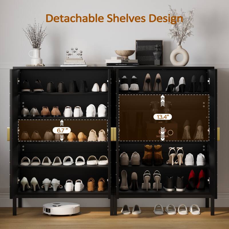 Rossetta Narrow Farmhouse Style Wooden Shoe Rack Organizer Cabinet with 9 Flip Drawers and Adjustable Shelves