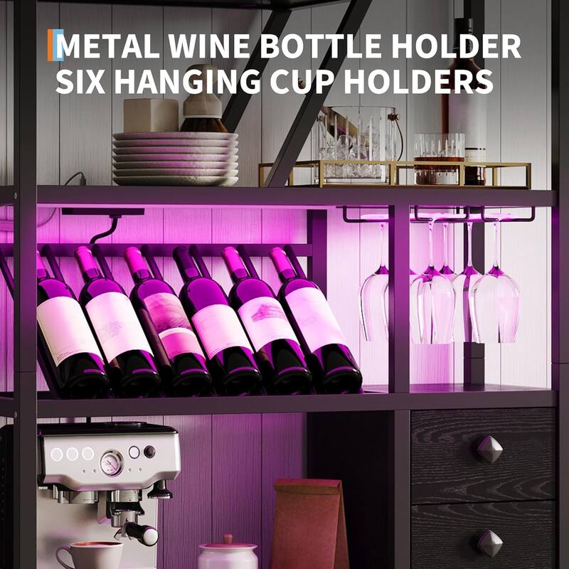 Farmhouse Bar Cabinet with Wine Rack,Bakers Rack with Power Outlet and LED Light