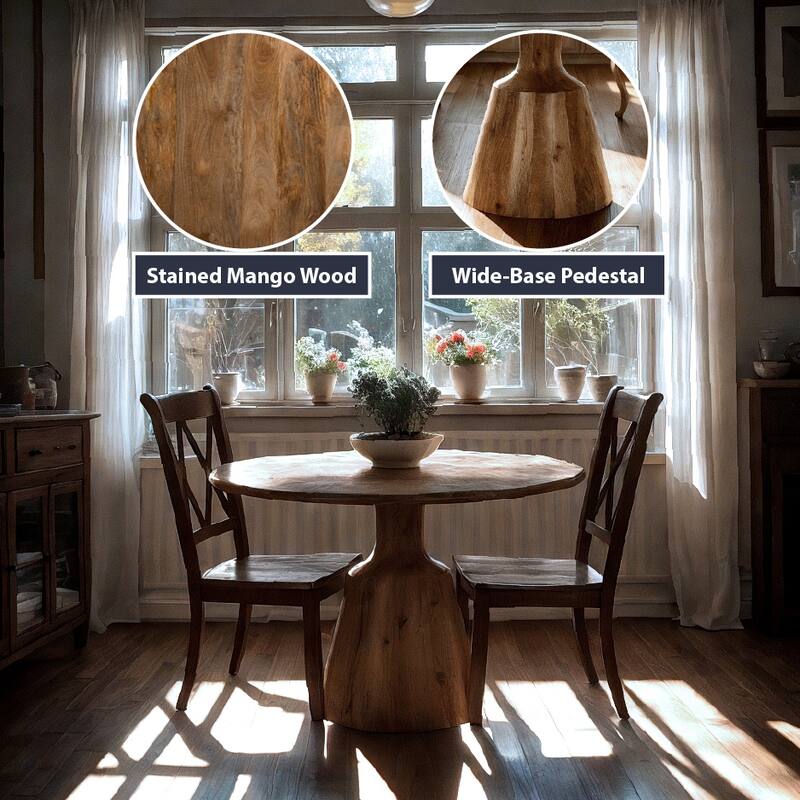 45" Round Mango Wood Dining Table with Pedestal Base and Natural Finish - 45 Inch