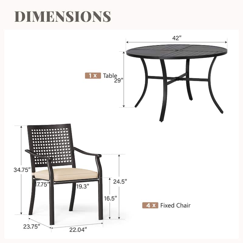 5-Piece Metal E-coating Patio Dining Set of 4 Steel Chairs with Cushions and 1 Metal Table