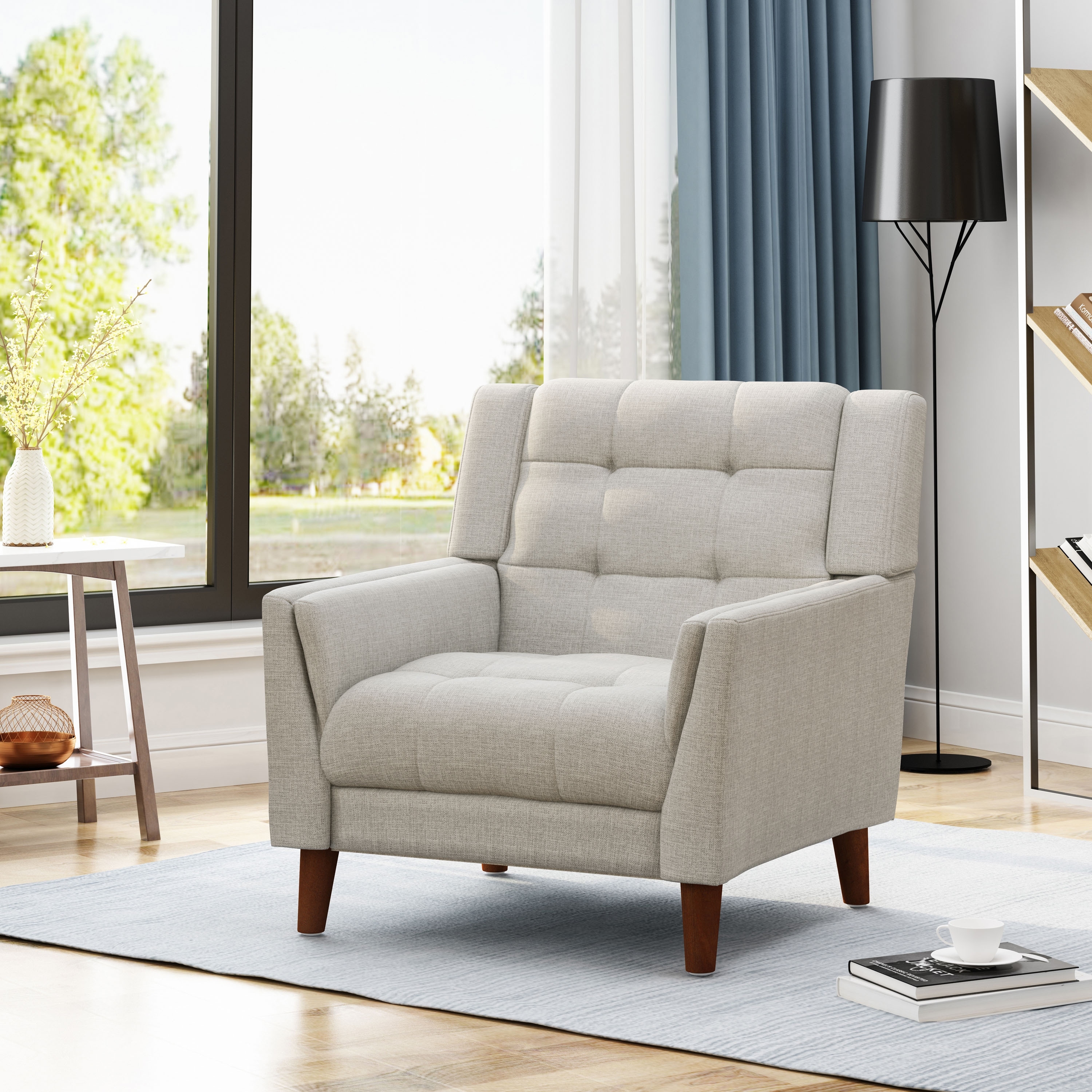Lounge Chair Side Chair Padded Chair with Wood Legs, Upholstered Dressing Chair Beige Vanity Chair Club Chair