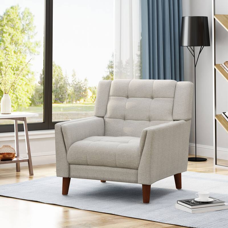 Modern 30.5" Upholstered Button Tufted Arm Chair with Sturdy Rubber Wood Legs - Beige