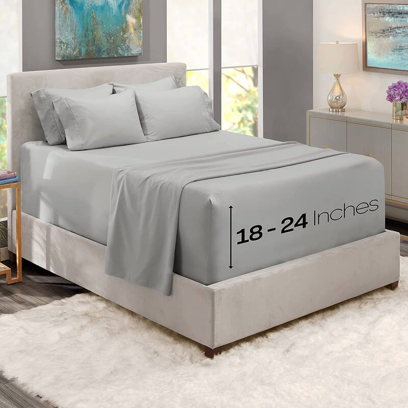 Empyrean Bedding 18"-24" Extra Deep Pocket Sheets Set - Ultra Soft Luxury Bed Sheet Set - King - Silver Light Gray