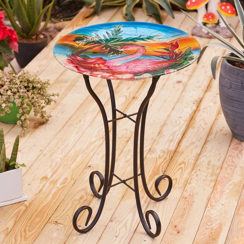 Multi-Color Flamingo Glass Bird Bath with Black Metal Stand