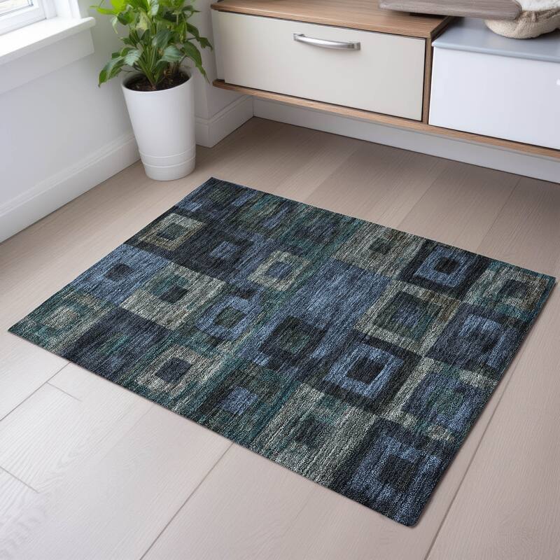Premium Washable Super Soft Blocky Contemporary Mayfield Rug - Blue - 1'8" x 2'6"