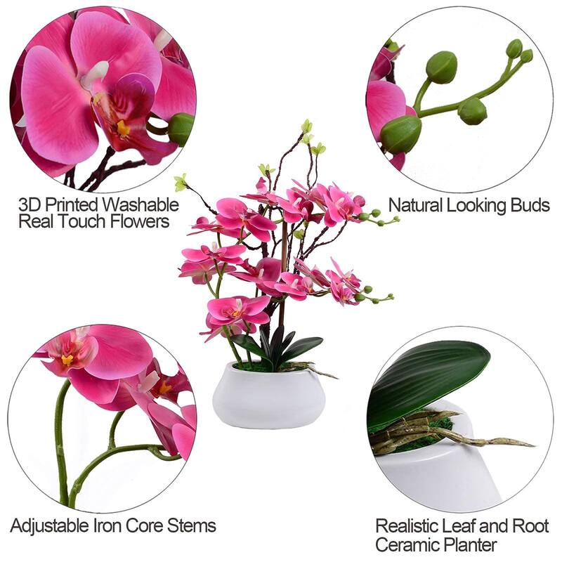 Artificial Orchid Plants and Flowers with Vase, Fake Faux Orchid in Ceramic Pot,17", Fuchsia