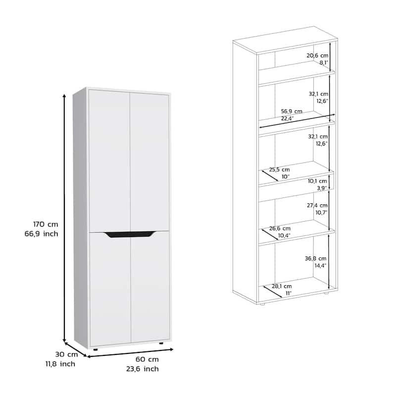 67"H Kitchen Storage Cabinet, with Four Doors and Five Interior Shelves,White/Black