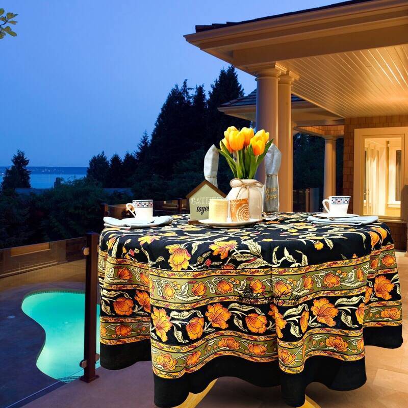 Cotton Sweet French Country Floral Tablecloth Round, Runner - 72-inch Round - Black Amber