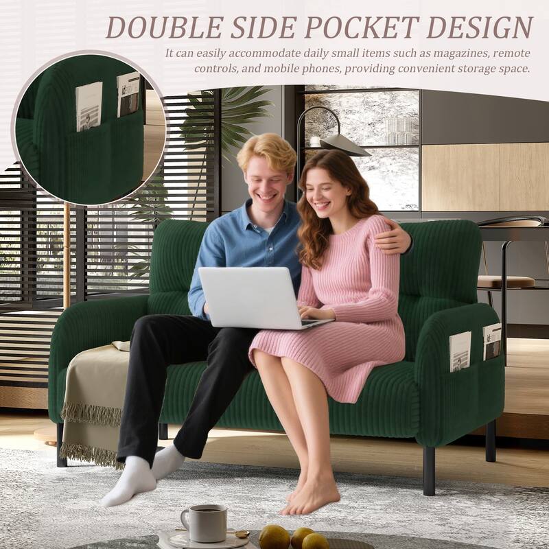 HOMEFUN Corduroy Upholstered Tufted Comfortable Wood Frame Loveseats Sofa with Double Side Pocket