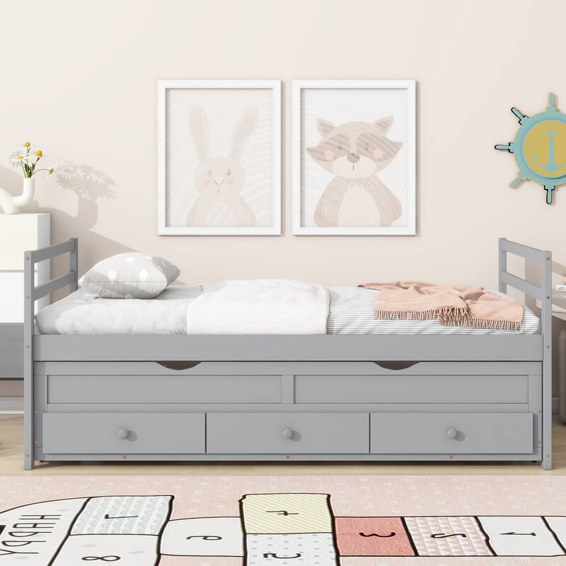 Twin Bed with Pull-Out Trundle, Three Storage Drawers, Pine Wood Frame, Headboard & Footboard