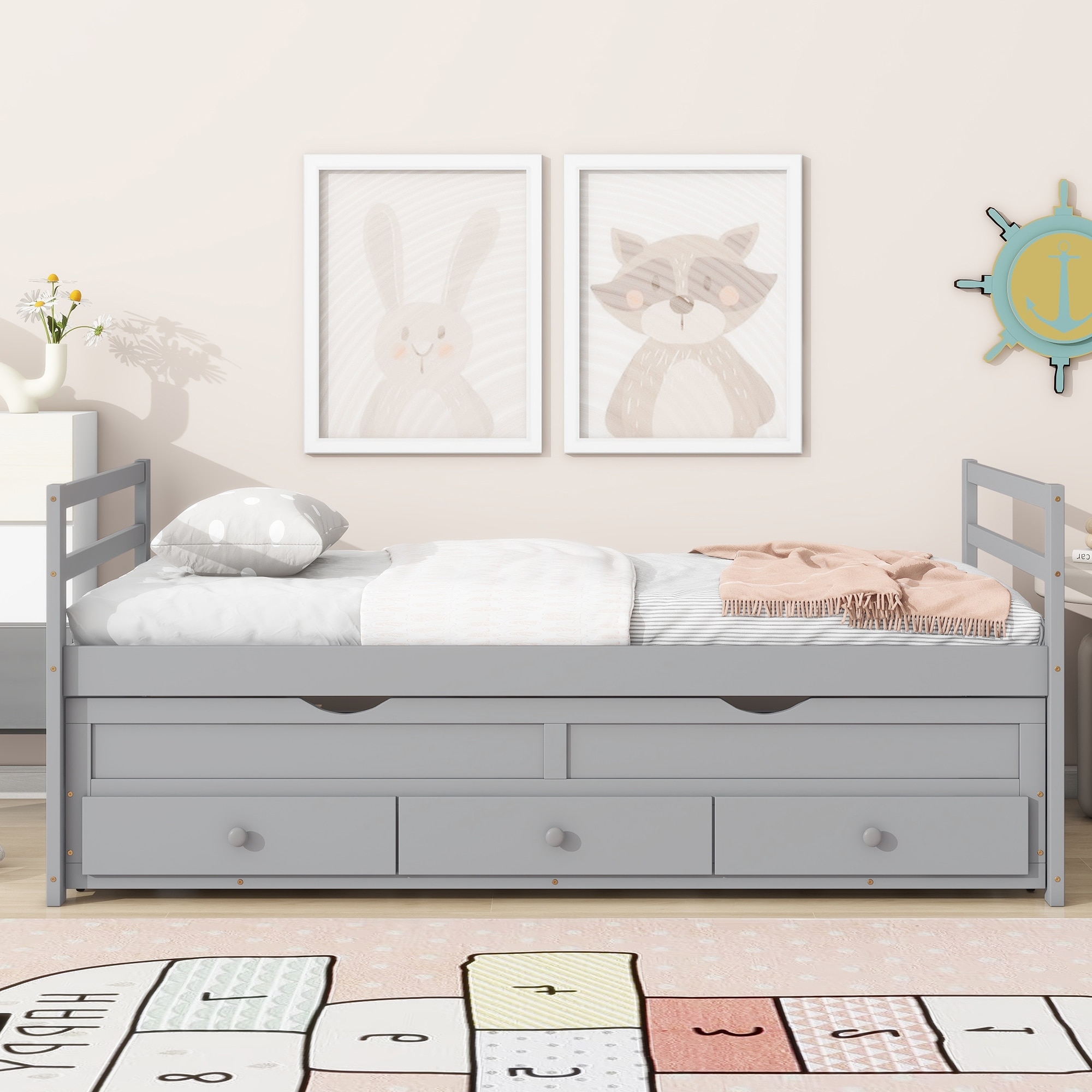 Twin Size Bed with Headboard, Footboard, Trundle and Three Storage Drawers, Twin Size Pine Wood Bed with Headboard, Footboard