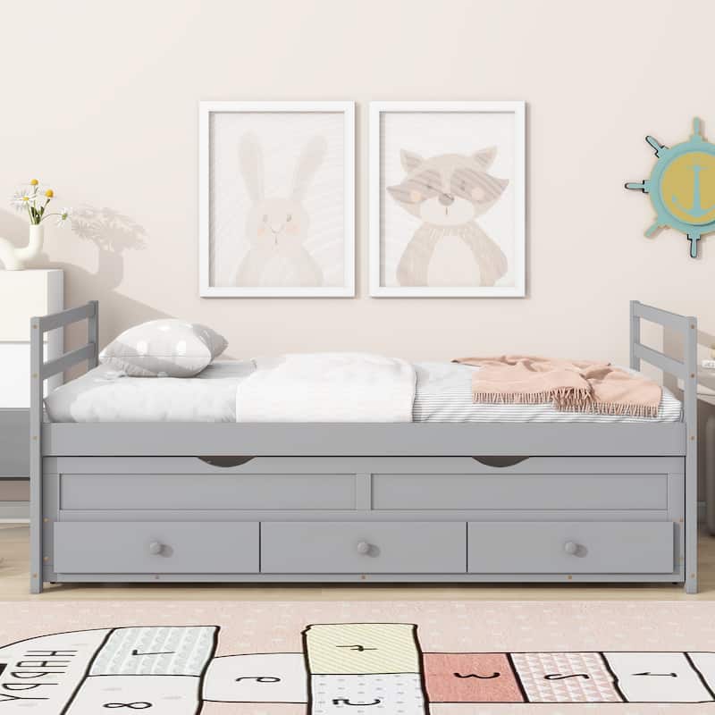 Twin Size Bed with Headboard, Footboard, Trundle and Three Storage Drawers, Twin Size Pine Wood Bed with Headboard, Footboard - Grey