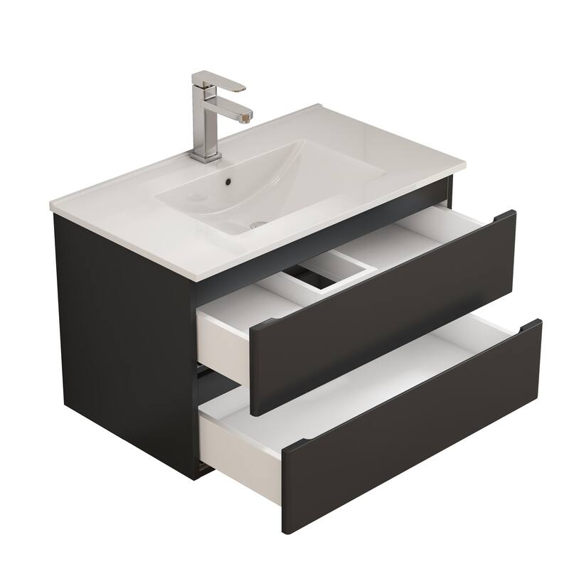 32 Inch Floating Bathroom Vanity with One-piece Ceramic Sink, Wall Mounted Cabinet with 2 Drawers