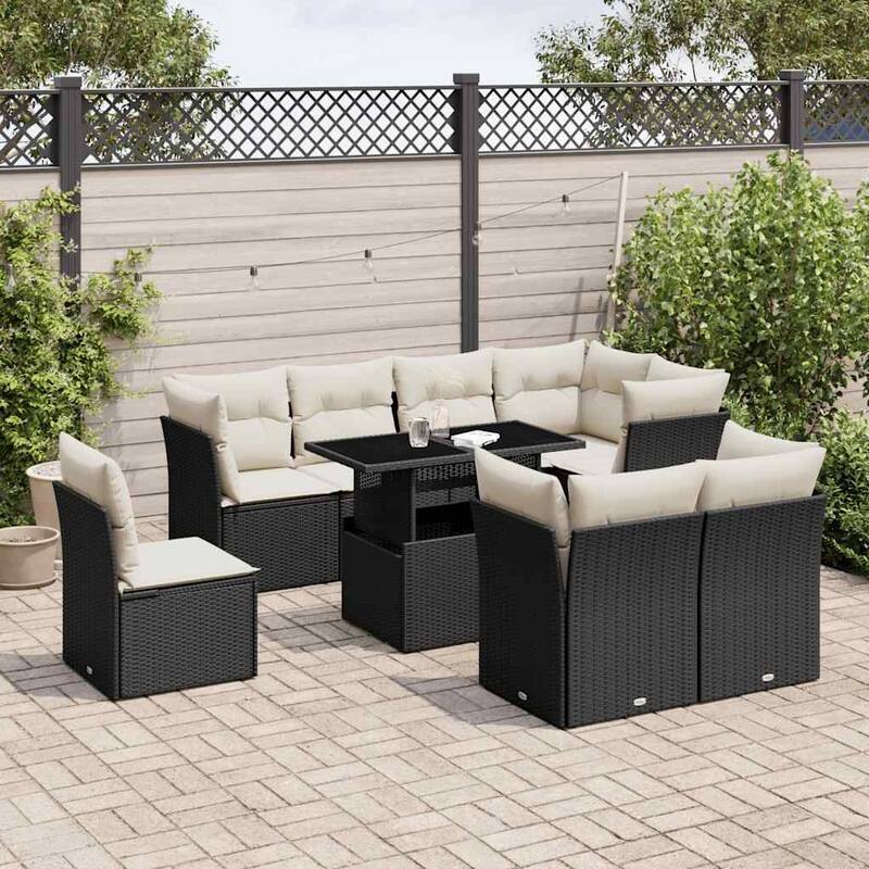 9-Piece Modular Patio Sofa Set with Cushions - 21.7 x 39.4 x 28.7 in - Black and cream without storage