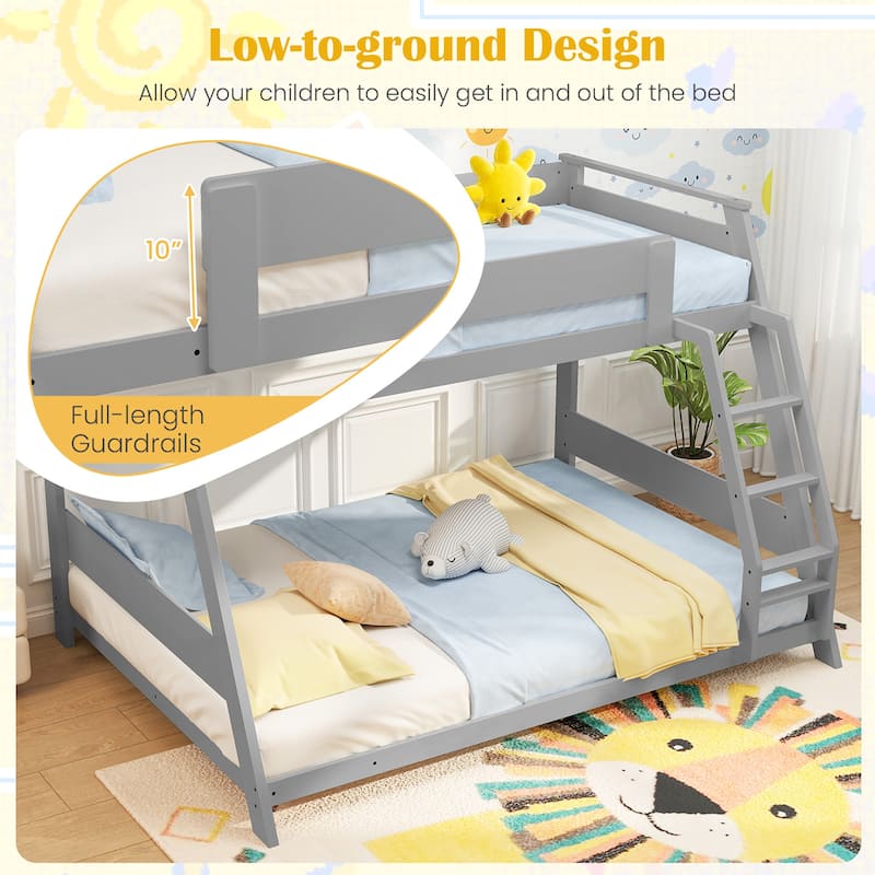 Gymax Twin Over Full Low Bunk Bed Solid Wooden Floor Bunk Bed w/