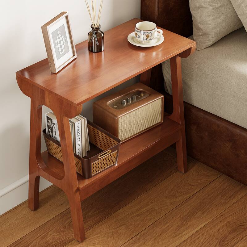Solid Wood End Table with Storage Shelf, Narrow 2-Tier Side Table