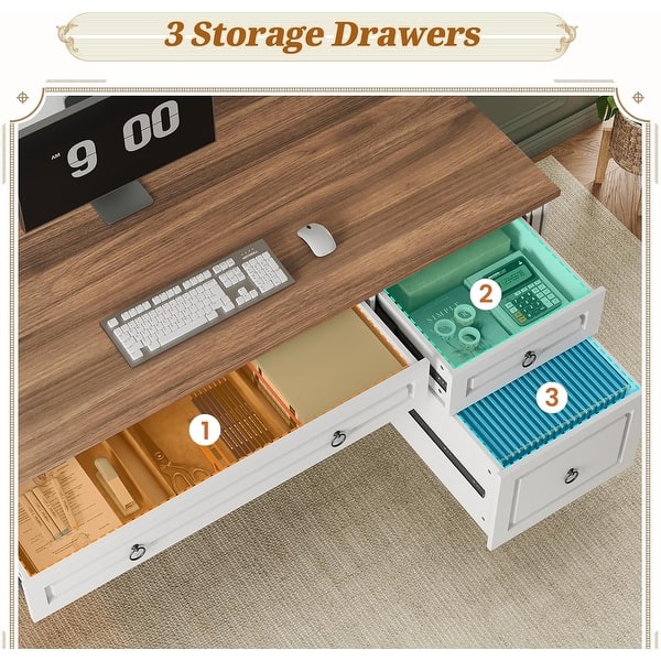 dimension image slide 16 of 30, Farmhouse Executive L Shaped Desk Home Office Desk with Drawers and Storage Cabinet & Power Outlet