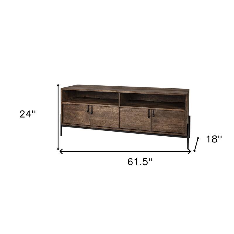 HomeRoots 62" Brown and Black Solid Wood Cabinet Enclosed Storage TV Stand - 18