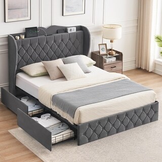 Full Size Grey Velvet Bed Frame with 4 Convenient Storage Drawers, Wingback Headboard with Charging Station