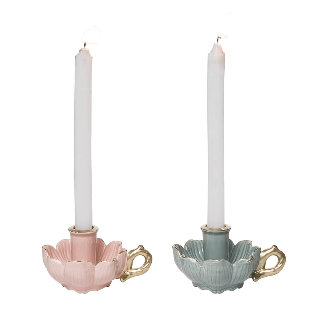 Transpac Stoneware Flower Taper Candle Holder Set of 2 Everyday Home Decorations