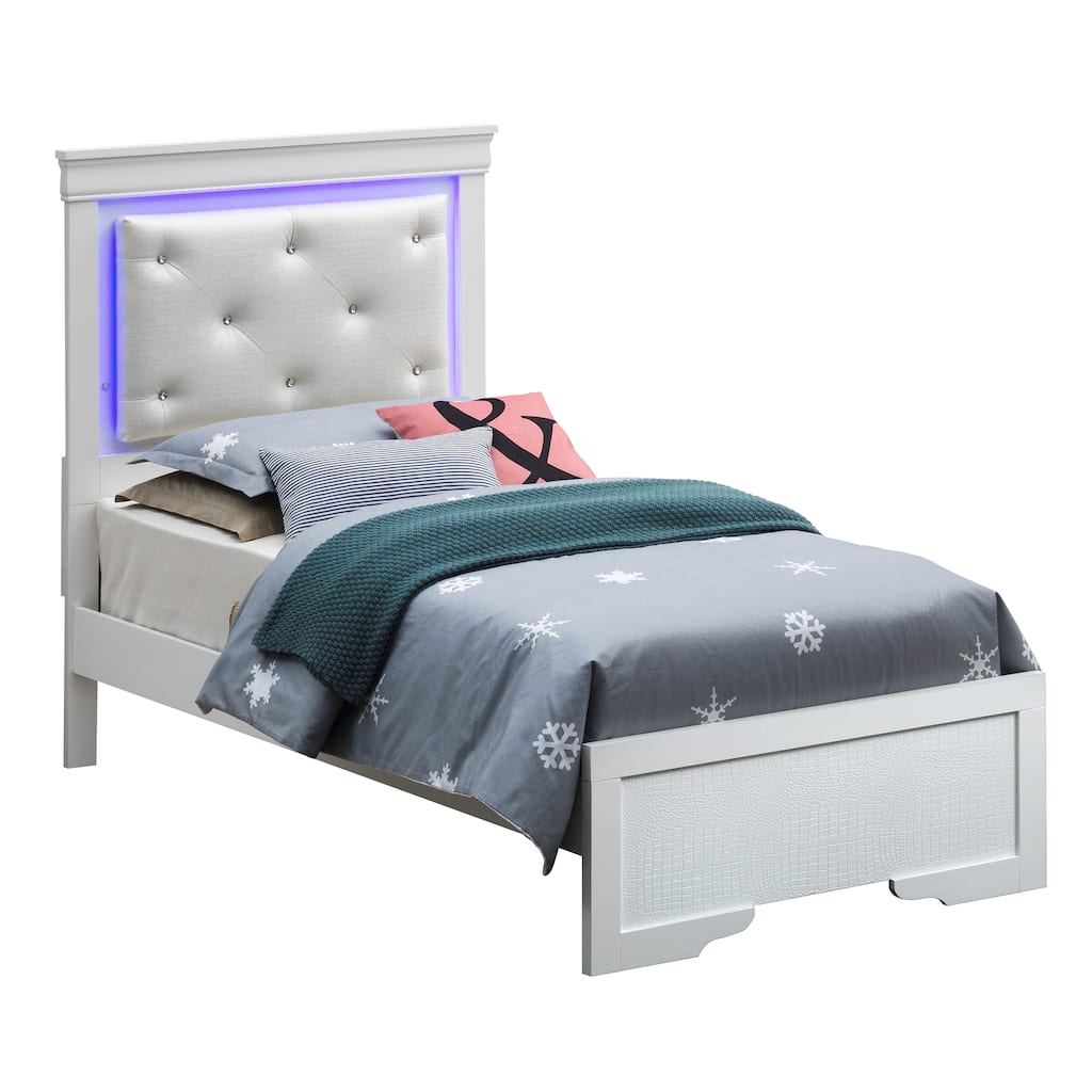 Elegant Transitional Twin Bed in Silver Champagne with LED Headboard