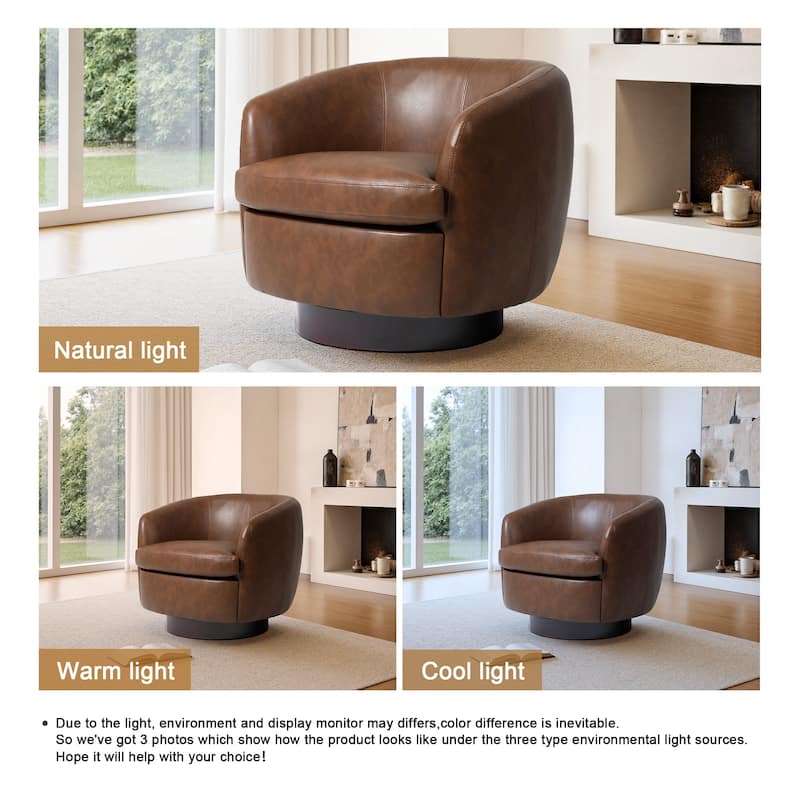Leather Upholstered Swivel Barrel Accent Chair With Wood Base
