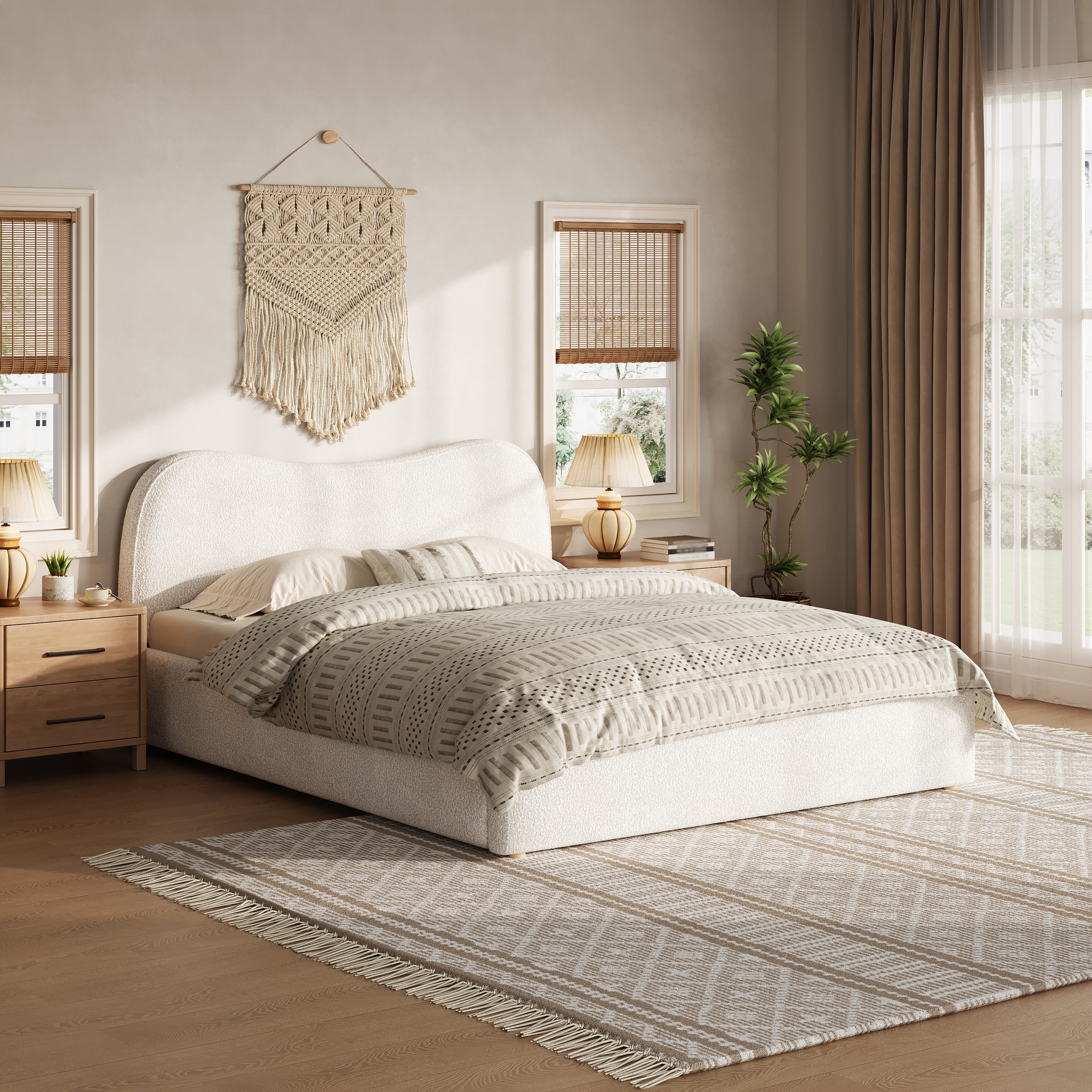 Queen/King Size Upholstered Platform Bed with Curved Headboard and Wooden Slats