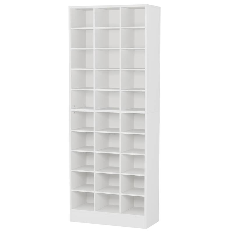 25" 10-Tier White Wooden Shoe Storage Cabinet, Modern 30-Cubby