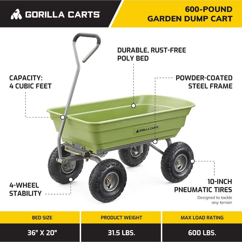 Gorilla Carts 600 Pound Capacity Heavy Duty Poly Yard Dump Utility Cart, Green - 31.5